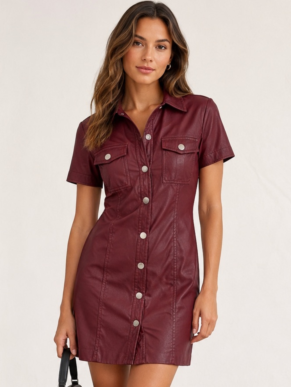 TOCCIN x RTR Burgundy Faux Leather Button Front Mini Shirt Dress Size 6